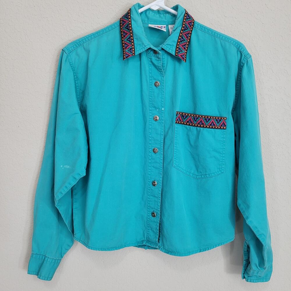 Vintage Shirt Nuovo Womens Small 90s Teal Turquoise Button up Southwest Casual